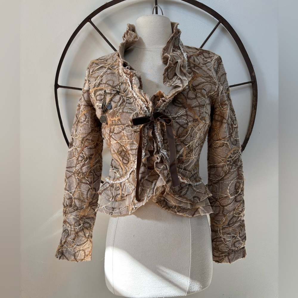 Alberto Malaki knit appliqué wool ruffle tan tie front cardigan blazer 6